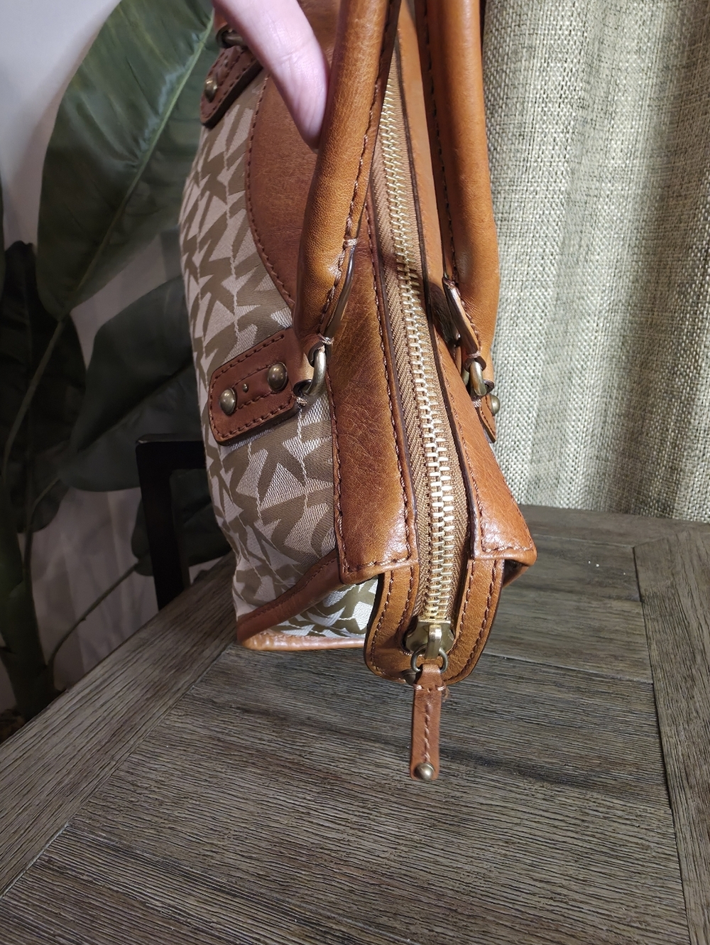 Michael Kors Beige Signature Logo Satchel with Brown Leather Trim - Picture 2 of 13